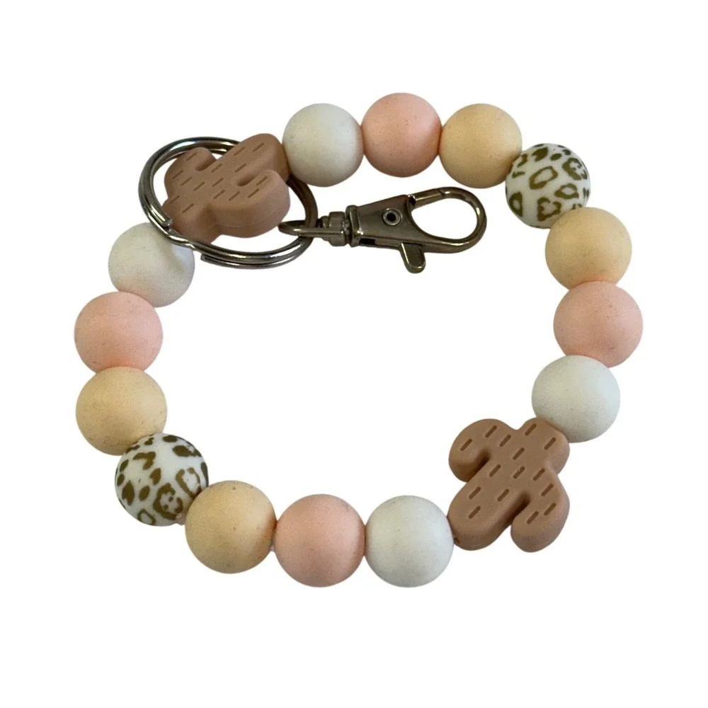 Silicone Beaded Keychain Cactus‎ Charm Wristlet For Women Peach White